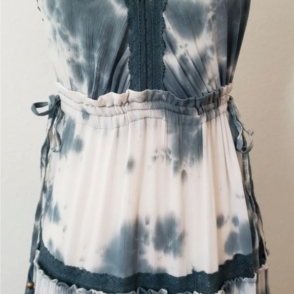 Anthropologie Maxi Dress New Size Tie Dye Blue Tiered Drawstring Boho - Picture 5 of 6